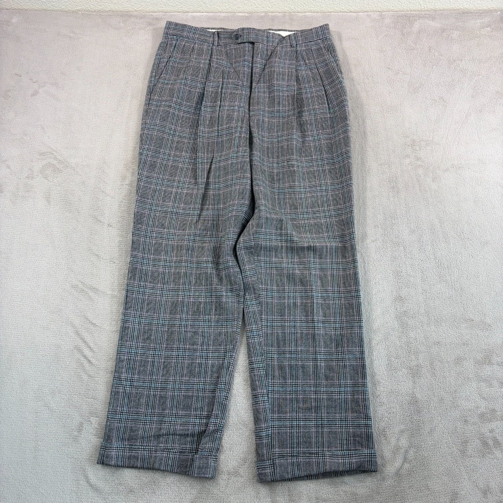 Vintage 80s CADBURY Pleated Cuffed Pants Men 33x31 Grey Glen Check 100% Wool USA